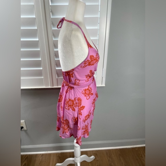By Anthropologie Halter Neck Ruffle Wrap Mini Dress/Cover Up XXS Pink Floral - Picture 11 of 16
